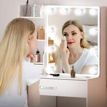 Vanity Desk With Mirror And Lights, Makeup Vanity With 5 Drawers And Open Storage Shelves, 3-Color Adjustable Lighting, Modern Vanity Table With Stool For Bedroom - 白色 - 查看 6