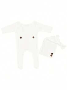 Conjunto de Roupas Macacão de Tricô de Manga Longa com Gorro para Recém-Nascido, Roupas de Fotografia para Bebês Meninos, Roupa para Sessão Fotográfica de Crianças Pequenas
