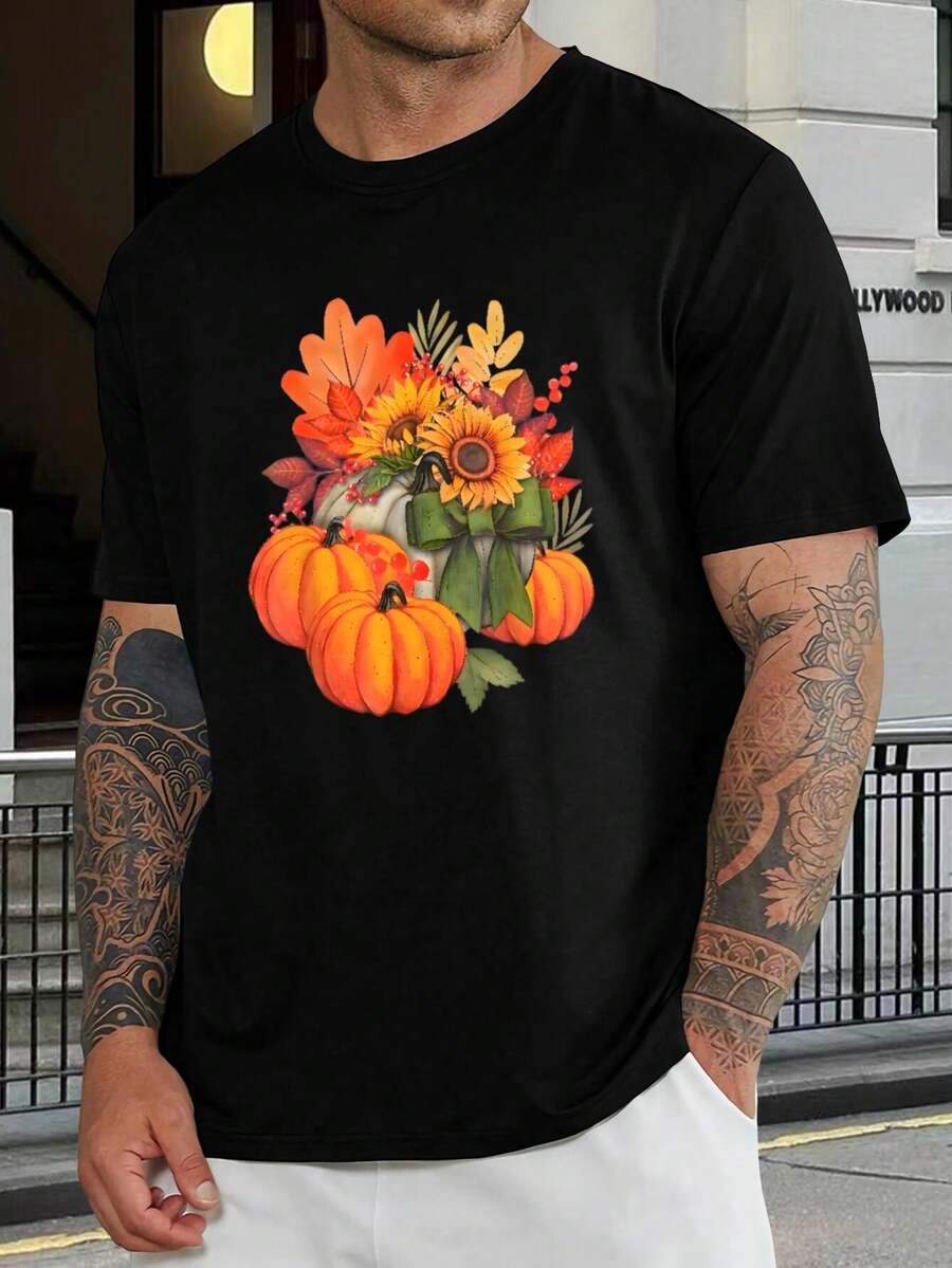 Camiseta de hombre de calabaza y girasol para la cosecha de otoño - Camiseta gráfica de Acción de Gracias para fiestas de otoño y Halloween. Ropa informal cómoda, regalo de moda para marido - Negro - Ver 1