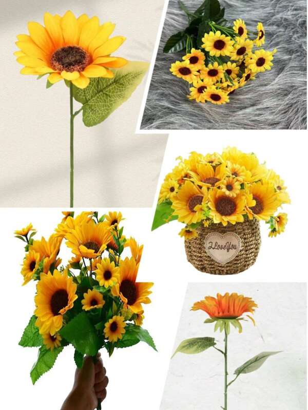 Girasol artificial de 13 cabezas, girasol artificial de una sola cabeza para decoración del hogar y habitación, ramo de girasol artificial de estilo granja, centro de mesa de sala de estar, decoración de boda con flores de seda