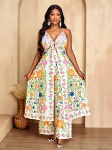 BIUBIU 夏季女士性感优雅白色碎花细肩带前系带上衣和阔腿裤两件套波西米亚风浪漫沙滩休闲度假装