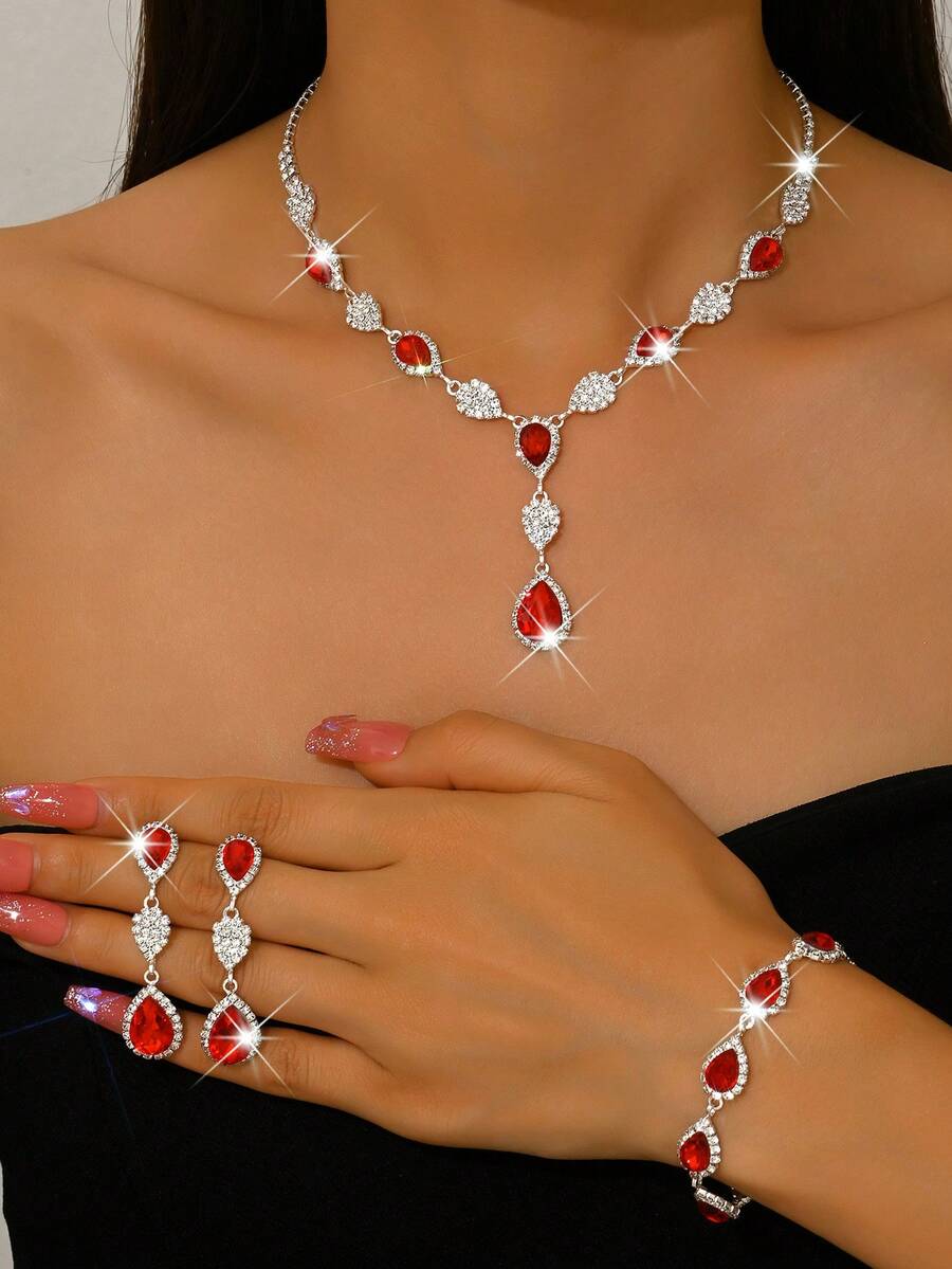 Fashion Wedding Water Drop Rhinestone Earrings Necklace Bracelet Set - 1662796 Red Suit - View 1