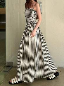 Women's High Quality Striped Print Vacation Dress, Ruched Waist A-Line Dress