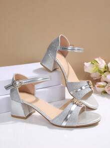 1 Pair Teenage Girls' Chunky Heel Sandals, Solid/Stripe/Leopard Print Decorated, 5cm Thick Heel Round Toe T-Strap Metal Button Roman Style Ladies Sandals, Luxury Fashion Cute Suitable For Gift/Party/Prom/Vacation/School/Office/Indoor Outdoor Wear, Spring Summer 2025 New