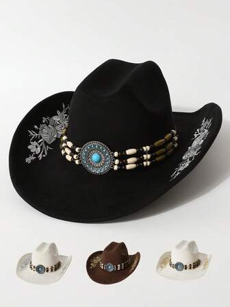 1 szt. Ręcznie robiony kwiatowy haftowany kapelusz kowbojski, dekoracyjny łańcuch europejski i amerykański styl retro western, odpowiedni na imprezy w stylu western, imprezy, zaręczyny, cosplay, festiwale, codzienne noszenie