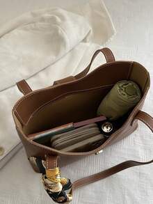 1pc PU Shoulder Bag With Scarf Decor, Large Capacity, Lightweight And Versatile, Suitable For Commuting - Brown - View 9