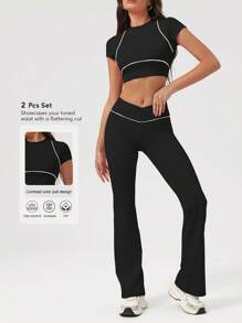 Sodalemon Women Color Block Fitness Set Short Sleeve Yoga Training Crop T-Shirt V-Cross Lift Buttocks Casual Flare Pants 2 Pcs Sport Set