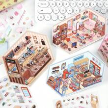 PET2.5D Landscape Sticker Little Corner Series Cartoon Miniature House Children's Fun Collage, School Supplies,Back To School
