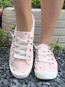 女士休闲碎花平底鞋，时尚白色雏菊图案，适合万圣节、圣诞节、夜总会派对，鞋底柔软，舒适、透气、防滑，加大码，户外步行运动鞋 - 粉色 - 查看 2