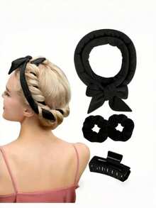 4 件套女士发饰工具 - 无需加热卷发器、美发工具、发夹、发带、美发工具 - 黑色4pcs - 查看 11