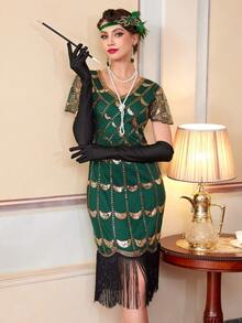 Vestido de fiesta con flecos y lentejuelas de estilo vintage de los años 20 - Verde - Ver 9