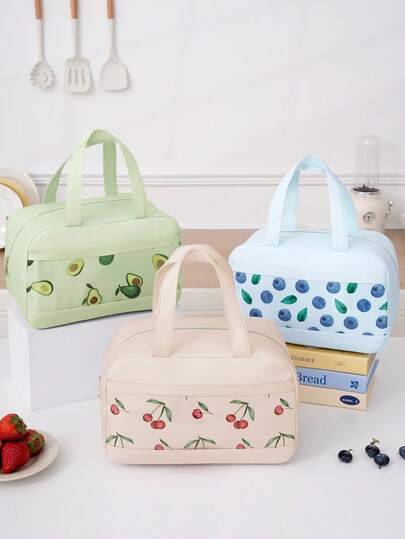 Insulated Lunch Bag For Women & Men, Insulated Cooler Bag With High Saturation Color Design And Fruit Print Pattern, Cute Large Capacity Lunch Box Storage Tote With Zipper And Top Handle, Thermal Tote Bag Multifunctional Portable Lunch Bag, Reusable Durable Polyester Material, Suitable For Camping, Commuting, School, Work, Picnic, Beach,Travel