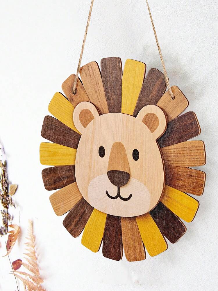 1 pieza Adorno de cabeza de león de madera colgante, decoración de pared animal de doble capa de estilo de dibujos animados, arte de pared con cabeza de león vintage, decoración de león de madera estilo bohemio para cocina, sala de estar, dormitorio, hogar al aire libre - Multicolor - Ver 4