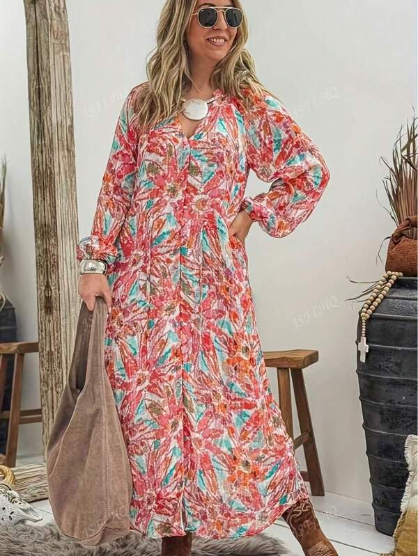 Plus Size Women Floral Print Long Sleeve Dress, Elegant Single Button Lantern Sleeve Floral Maxi Dress, Suitable For Spring, Summer, Autumn, Independence Day, Music Festival