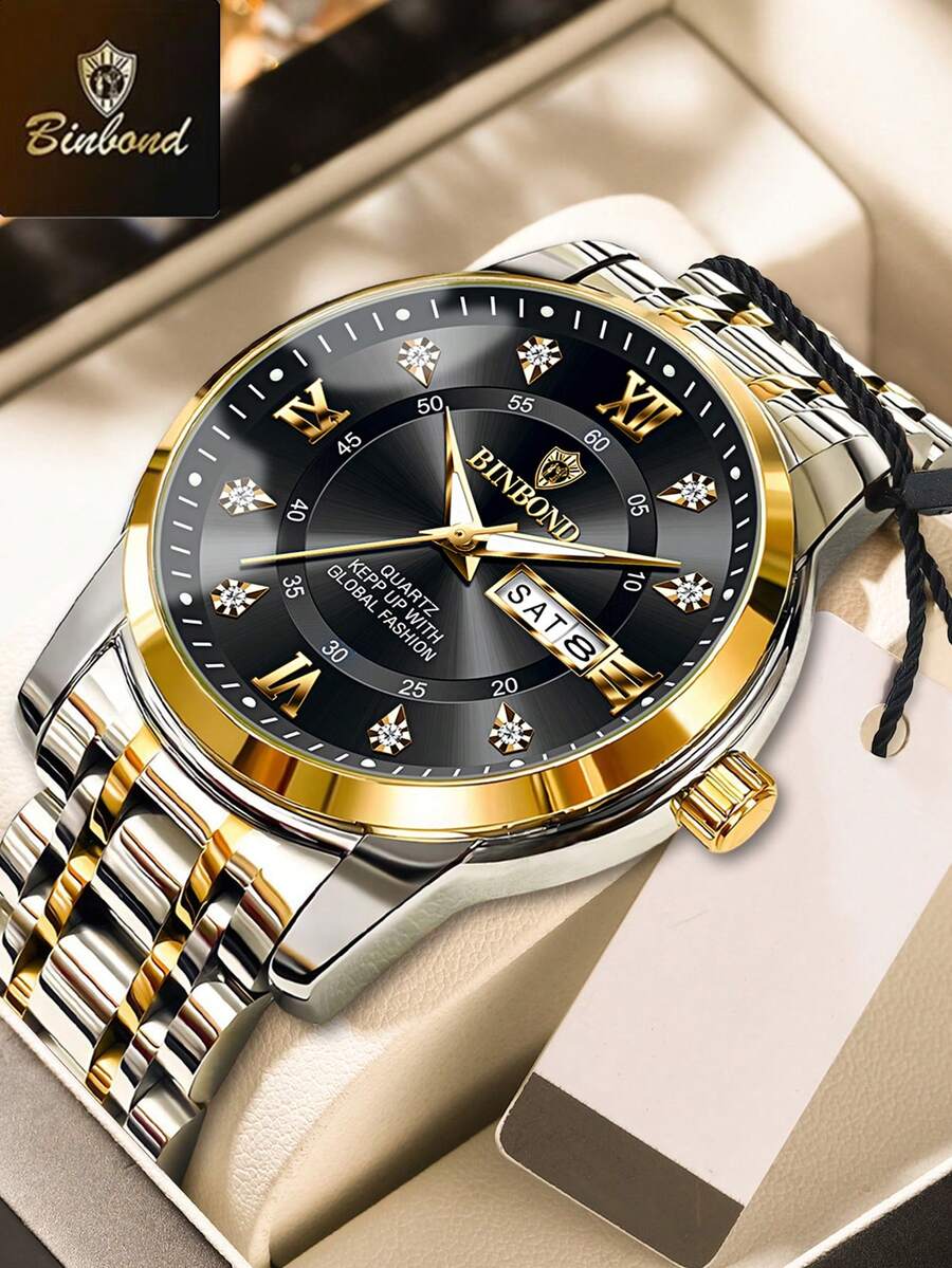 Reloj de lujo BINBOND para hombre, elegante, con fecha y día, resistente al agua, luminoso, reloj de cuarzo de acero inoxidable para deportes de hombres