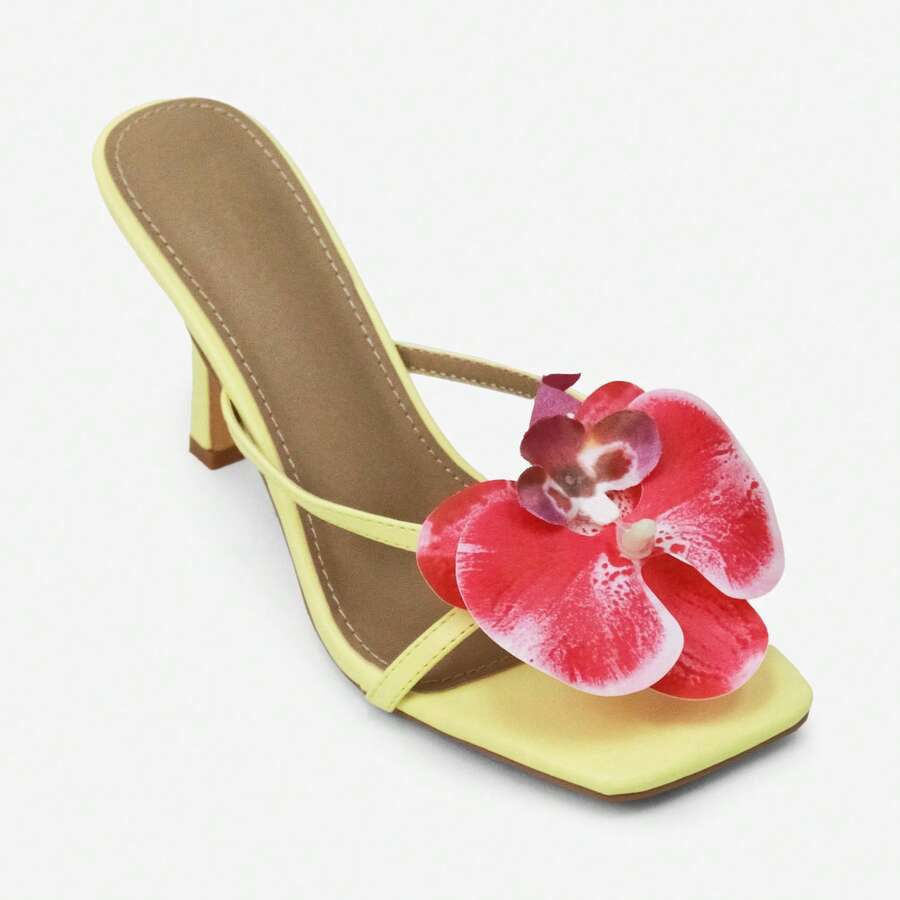 一双热带风情迷人 PU 皮革花朵高跟鞋，适合派对和四季穿着 - 黃色 - 查看 1