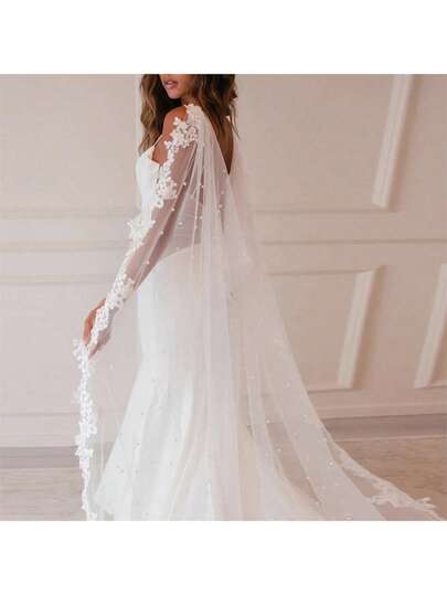 1pc Bridal Pearl Tail Lace Edge Shawl, Faux Pearl Lace Bridal Capelet