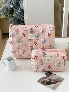 1件蝴蝶結花卉絎縫女孩化妝包，便攜式護膚美容化妝包附拉鍊，適合旅行與度假必需品，可收納衛生棉、口紅、香水、化妝刷，適合女性與學生，送給朋友的節日禮物 - 粉色 - 查看 16