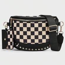 Women's Punk Style Studded Decor Bum Bag, Fashion Colorblock Checked Pattern Crossbody Bag For Daily Used, Casual Versatile High-Quality Daily Commuting Bag - 黑色 - 查看 2