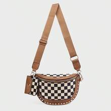Women's Punk Style Studded Decor Bum Bag, Fashion Colorblock Checked Pattern Crossbody Bag For Daily Used, Casual Versatile High-Quality Daily Commuting Bag - màu nâu - Xem 9