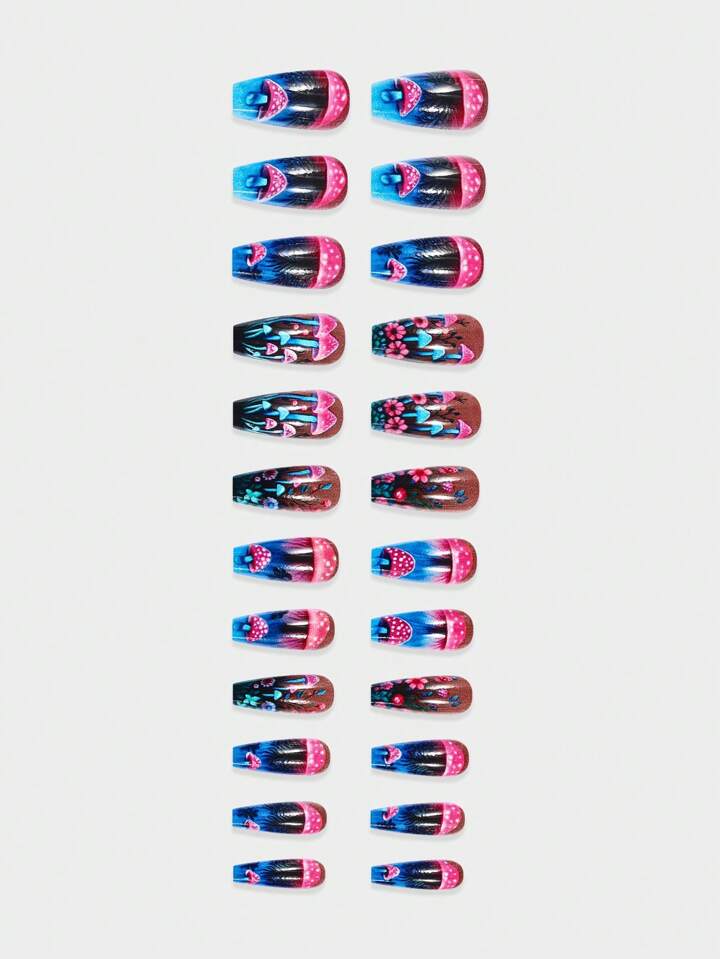24PCS Gradient Dreamy Mushroom Leaves Nail Supplies And 1 Nail File Strip+1 Double-Sided Tape