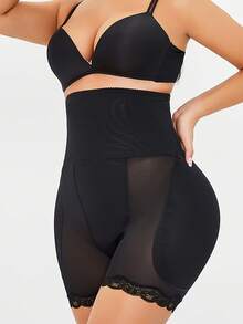 1 Piece Black Shaping High Waisted Shorts Spandex/Nylon Blend Women's High Waisted Shorts - Tummy Contouring & Hip Lifting, Slimming & Shaping For Waist & Thighs, Machine Washable, Mesh Details, Flattering Fit, Everyday Slimming Shorts - 黑色 - 查看 3