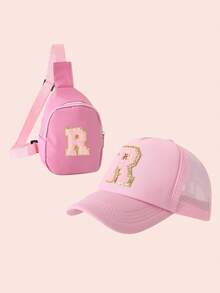 2 件套女孩粉色字母设计棒球帽和小袋套装，男孩透气休闲装户外装