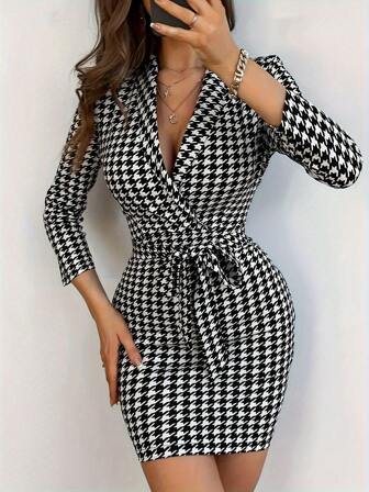 2025 İlkbahar/Yaz Yeni Kadın Günlük Şık V Yaka Ekose Desenli Orta Boy Belden Sıkılaştırılmış Elbise, Parti ve İş İçin Uygun