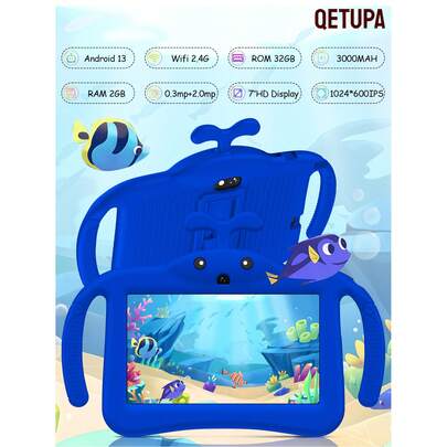 Qetupa Tableta Android 13 para niños de 7 pulgadas, procesador Quad-Core A133 de 1.6GHz, 2GB de RAM + 32GB de ROM, pantalla táctil IPS de 1024*600, batería de 3000mAh, cámara dual de 0.3MP + 2.0MP, Wi-Fi de 2.4G, incluye funda protectora a prueba de golpes. Diseño ligero con vidrio templado, lo que le permite disfrutar de entretenimiento en cualquier momento y lugar. Se puede usar para escribir y dibujar en aplicaciones como OneNote (adaptador no incluido).