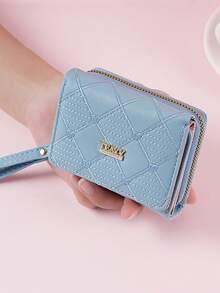 Dompet Pendek Wanita dengan Resleting, Lipat Tiga, Bordir, Modis, Baru, Banyak Slot Kartu, Dompet Koin, Dompet Wanita, Dompet Kecil, Dompet Lucu, Dompet Mini - Biru - View 2