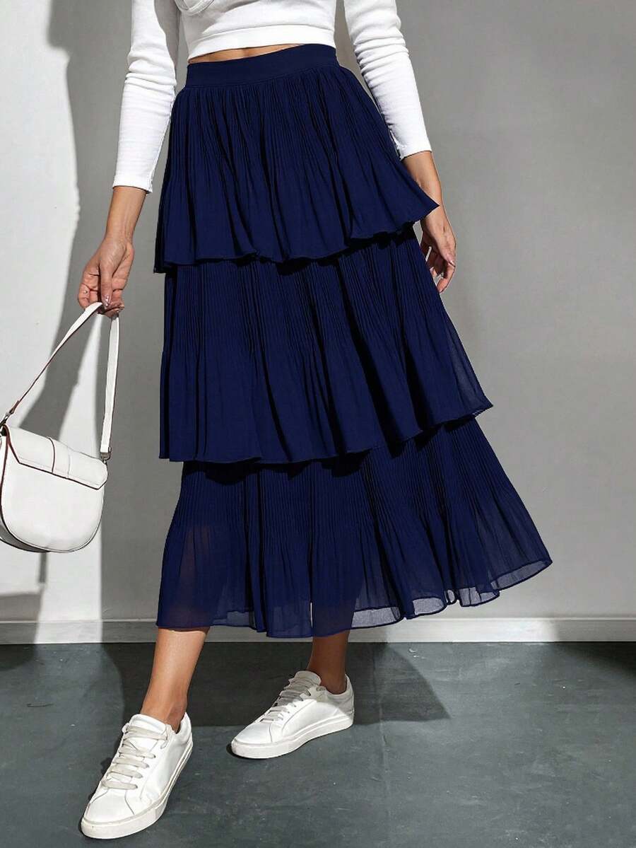 falda larga de olanes  Liso    Casual  Elegante    Bajo con volante  Capas relajadas  Volante    Boda - Azul lavado oscuro - Ver 1