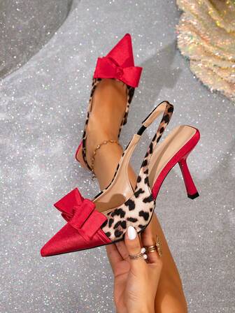 [Savage Rose] Leopard Print Pointed Toe Stiletto Sandals, Pink Bow Accent, Sexy Women Shoes 2025 Summer New Arrival