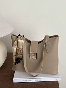 1pc PU Shoulder Bag With Scarf Decor, Large Capacity, Lightweight And Versatile, Suitable For Commuting - Khaki - View 6