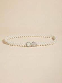 1pc Girl Stretch Pearl Belt Adjustable Rhinestones Silver Twin Flower Alloy Buckle Elastic Waist Chain For Party And Wedding Dress Sash,Back To School Winter Gift Ideas Boy Girl Valentine's Day