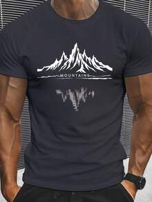 Men's Casual Stylized Mountain Print Short Sleeve T-Shirt, A Lightweight And Comfortable Top, Suitable For Summer Wear, Emo, 2000s Style - Dark Grey - View 4