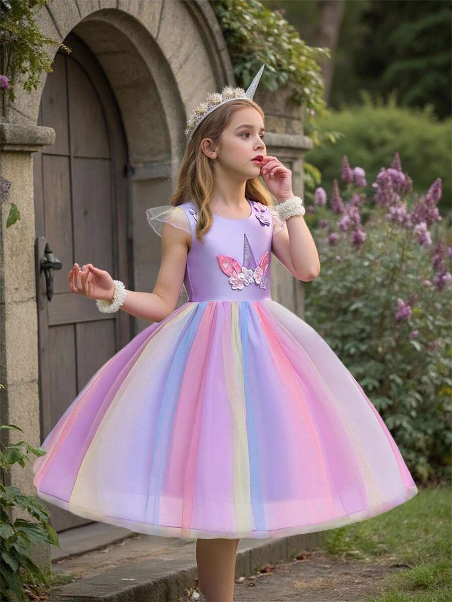 Elegant Floral Tulle & Satin Girls Birthday Party Dress, Suitable For School Dance, Party, Flower Placement & Color Varies, Headband Not Included - Purple - View 1
