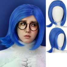 Short Blue Bob Wig + Black Glasses Blue Anime Emotion Cosplay Costume Wigs With Bangs Side Part Synthetic Hair For Women Halloween Party - Blue - View 2