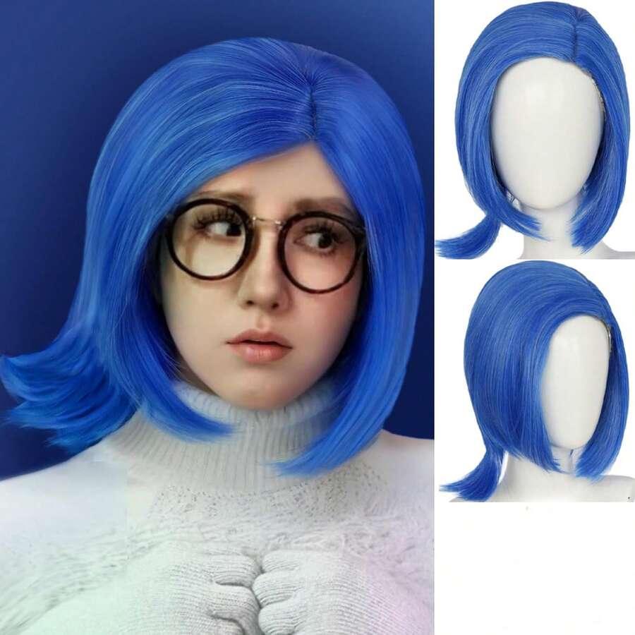 Short Blue Bob Wig + Black Glasses Blue Anime Emotion Cosplay Costume Wigs With Bangs Side Part Synthetic Hair For Women Halloween Party