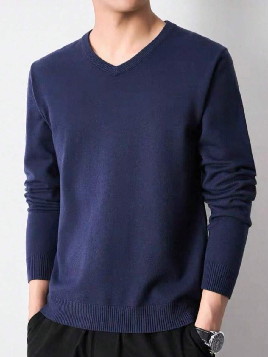 YJX MODAS Inverno Suéter Masculino  Importado Tricot de Frio Gola V Manga Longa Cor Sólida - Azul Marinho - Visão 1