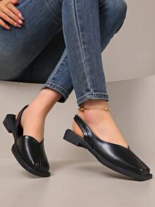 女士时尚高跟鞋 - 方头设计，粗跟，米色和金色仿皮鞋面，橡胶鞋底，四季日常穿着舒适 | 时尚平底凉鞋 | 橡胶鞋底鞋类 - 黑色 - 查看 10