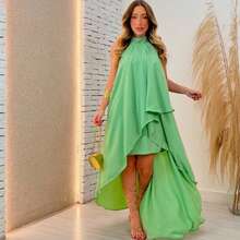 High Neck Long Dress Made Of Duna Fabric Plain Simple Elegant Party Fabric Backless/Backless Knot Dress Beach Birthday Party Daily Garden Photoshoot Travel - 薄荷綠 - 查看 2