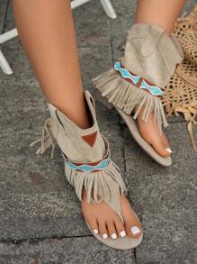 Damen Strass & Quasten Flache Bohemien-Stil Gladiatoren Sandalen, geeignet für Musikfestivals, Urlaub und Reisen