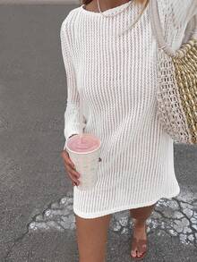 女式纯色休闲透气海滩度假性感镂空透视长袖罩衫迷你连衣裙，春夏 - 白色 - 查看 4