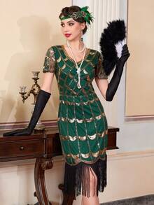 Vestido de fiesta con flecos y lentejuelas de estilo vintage de los años 20 - Verde - Ver 4