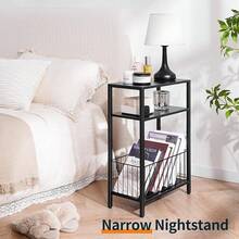 Narrow Side Table With Storage Basket, Small End Table For Small Spaces Skinny Side Tables Living Room Bedroom, Slim Nightstand 3 Tier Bedside Table Space-Saving For Magazine, Rustic Brown
