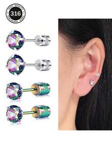 4 件 20 克 6 毫米不锈钢耳环套装 - 方晶锆石镶嵌平背耳钉，迷彩不锈钢女式耳环 | 防过敏，时尚夏季珠宝 | 适合日常佩戴、节日和假日 | 情人节、母亲节、毕业典礼和圣诞节的理想礼物 - 耳環組合 - 查看 1