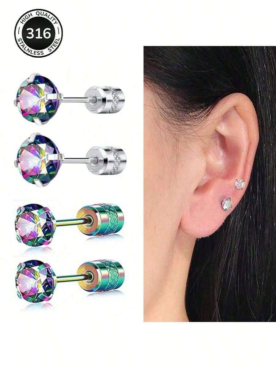 4 件 20 克 6 毫米不锈钢耳环套装 - 方晶锆石镶嵌平背耳钉，迷彩不锈钢女式耳环 | 防过敏，时尚夏季珠宝 | 适合日常佩戴、节日和假日 | 情人节、母亲节、毕业典礼和圣诞节的理想礼物 - 耳環組合 - 查看 1