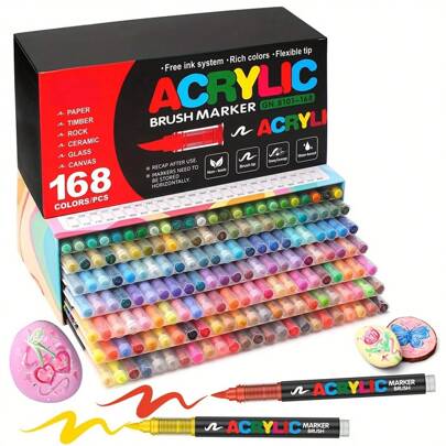 Set di pennarelli acrilici da 120/168 colori - alta resa dell'inchiostro, colori vibranti ed uniformi, inodore, impilabile per fai-da-te, pittura su rocce, legno, plastica, tessuti - pennarelli a punta morbida premium per ufficio, studio, forniture artistiche - durevole, facile da scrivere, confezione regalo di lusso