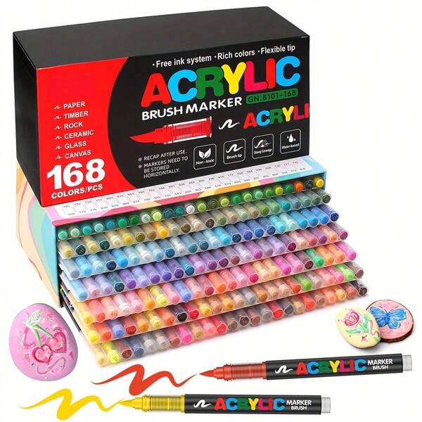 120/168-Color Acrylic Paint Marker Set - High Ink Output, Vibrant & Even Colors, Odorless, Stackable For DIY Crafts, Rock, Wood, Plastic, Fabric Painting - Premium Soft Tip Markers For Office, Study, Art Supplies - Durable, Easy To Write With, Exquisite Gift Packaging