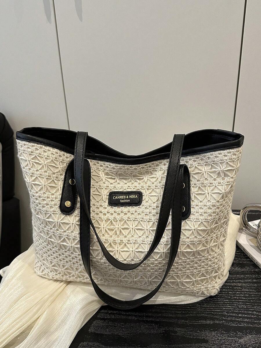 Túi Tote rơm dung tích lớn phong cách đại học cổ điển dành cho nữ, Túi đeo nách màu tương phản thời trang, Túi mua sắm thường ngày phổ biến cho bãi biển mùa hè - màu đen - Xem 1